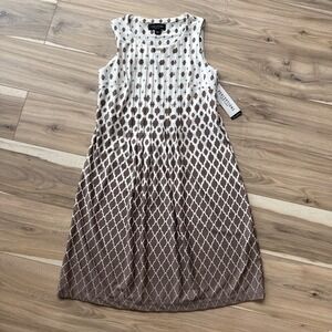 NWT Perceptions New York Taupe/Ivory Pleated Sleeveless Shift Dress Sz S